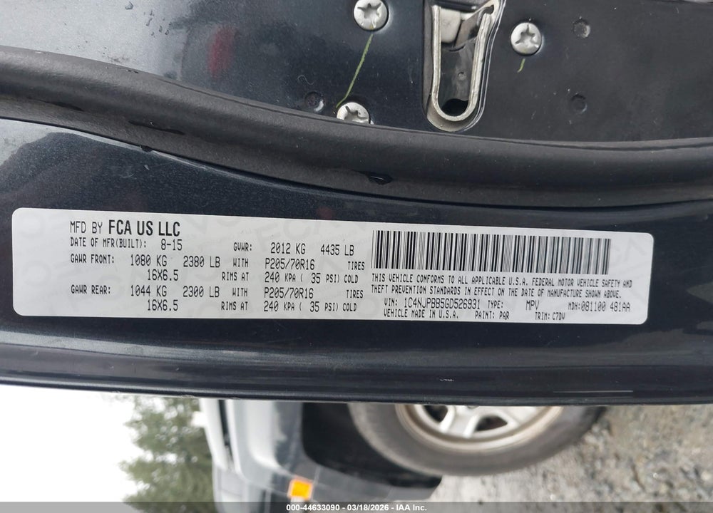 2016 JEEP PATRIOT SPORT VIN: 1C4NJPBB5GD526931
