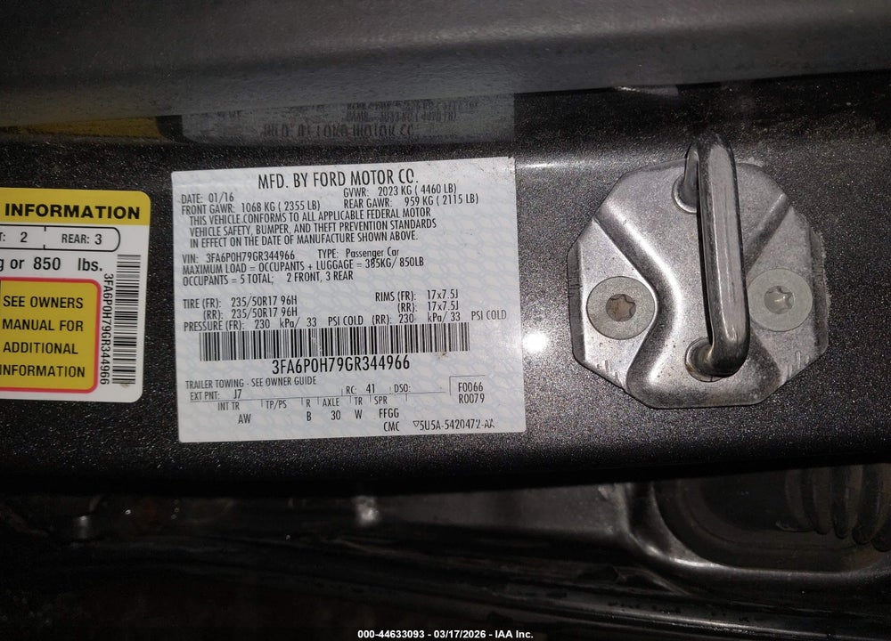 2016 FORD FUSION SE VIN: 3FA6P0H79GR344966