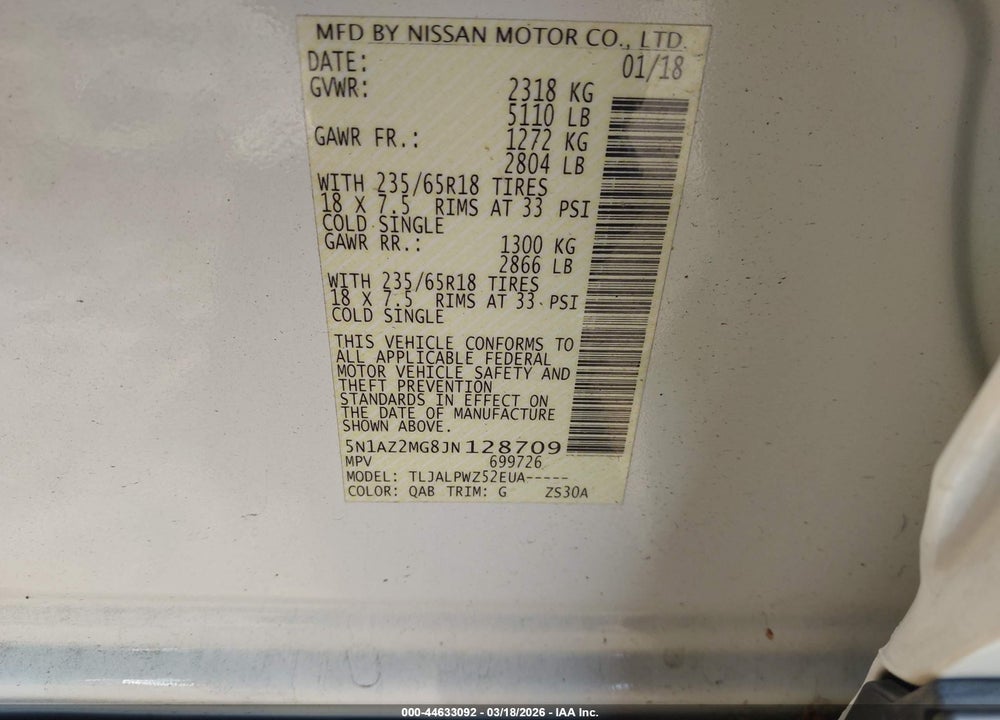 2018 NISSAN MURANO S VIN: 5N1AZ2MG8JN128709