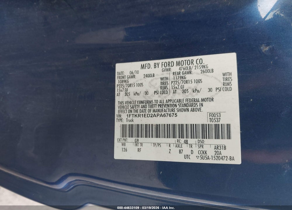 2010 FORD RANGER XL/XLT VIN: 1FTKR1ED2APA67675