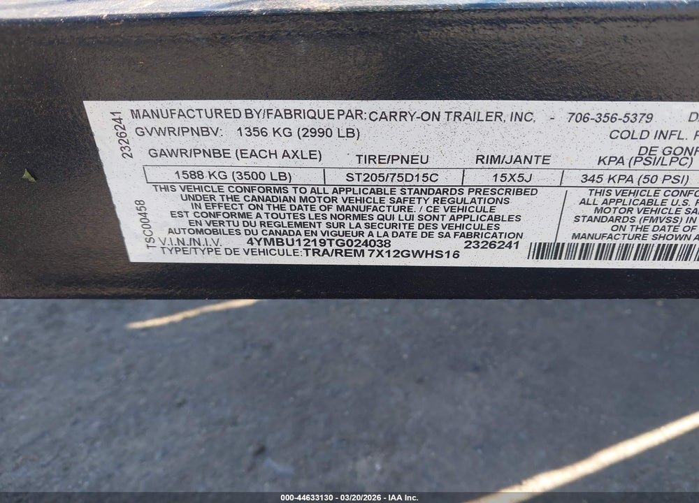 2026 CARRY ON TRAILER VIN: 4YMBU1219TG024038