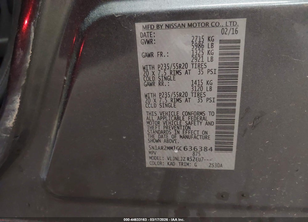 2016 NISSAN PATHFINDER PLATINUM VIN: 5N1AR2MM1GC636384