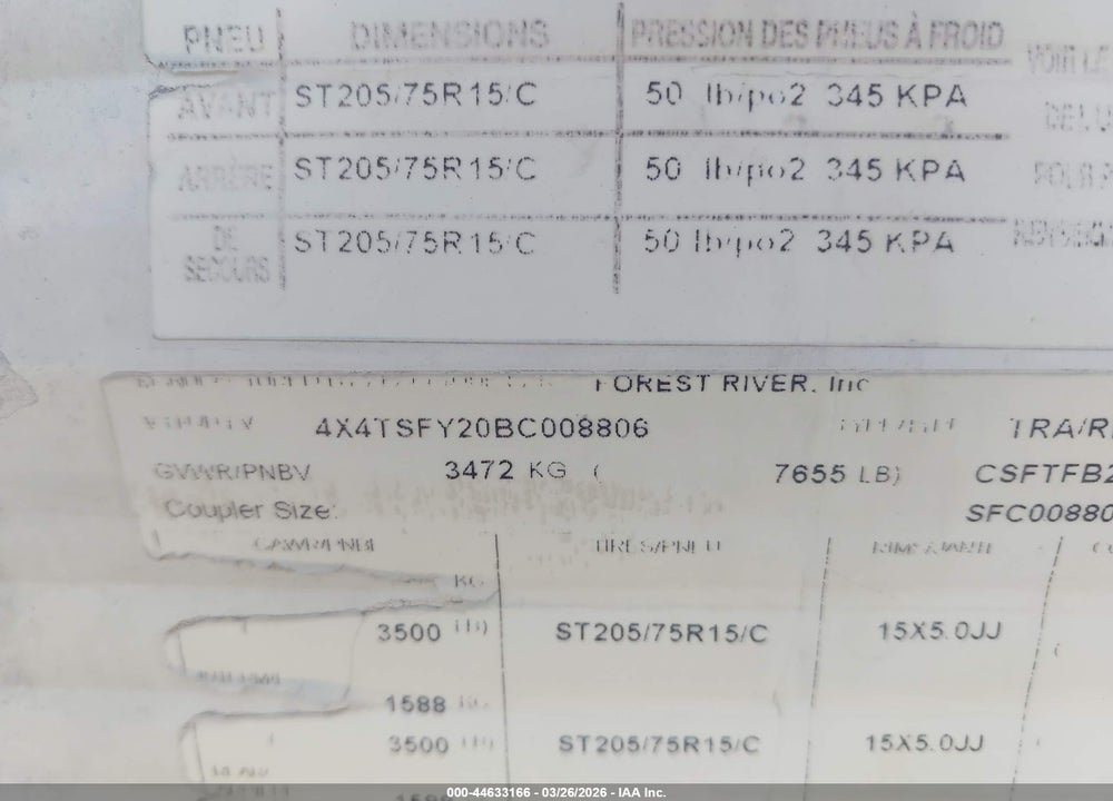 2011 FOREST RIVER RIVER VIN: 4X4TSFY20BC008806