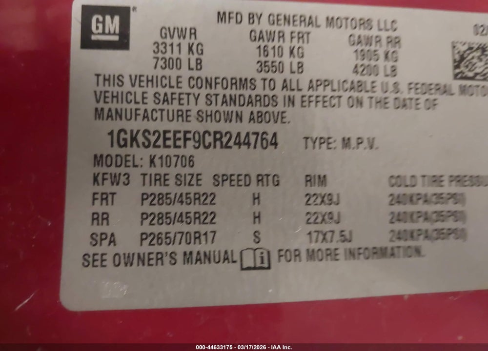 2012 GMC YUKON DENALI VIN: 1GKS2EEF9CR244764