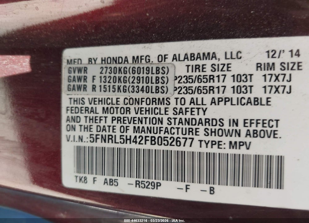 2015 HONDA ODYSSEY EX VIN: 5FNRL5H42FB052677