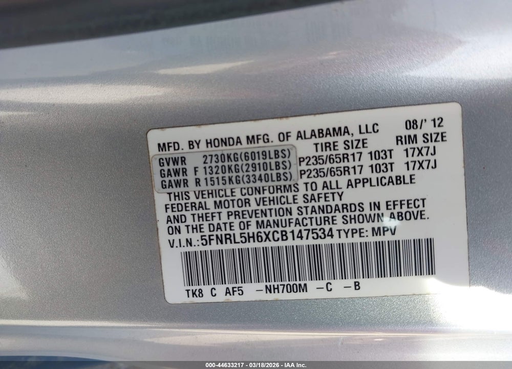 2012 HONDA ODYSSEY EX-L VIN: 5FNRL5H6XCB147534