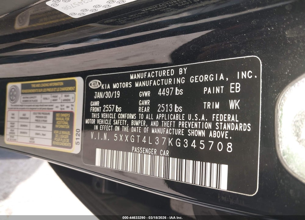 2019 KIA OPTIMA LX VIN: 5XXGT4L37KG345708