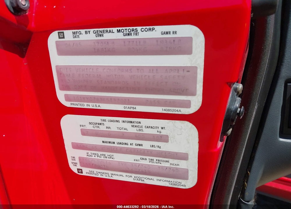 1985 CHEVROLET CORVETTE VIN: 1G1YY0783F5132021