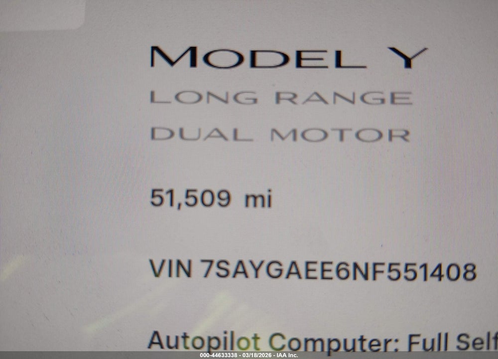 2022 TESLA MODEL Y LONG RANGE DUAL MOTOR ALL-WHEEL DRIVE VIN: 7SAYGAEE6NF551408