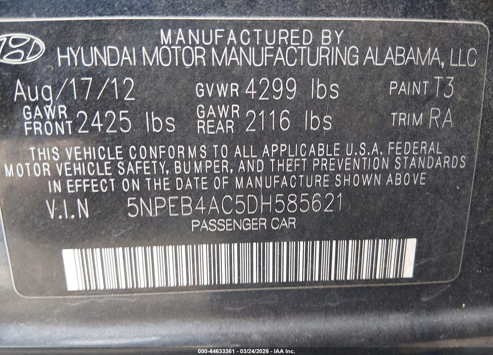 2013 HYUNDAI SONATA GLS VIN: 5NPEB4AC5DH585621