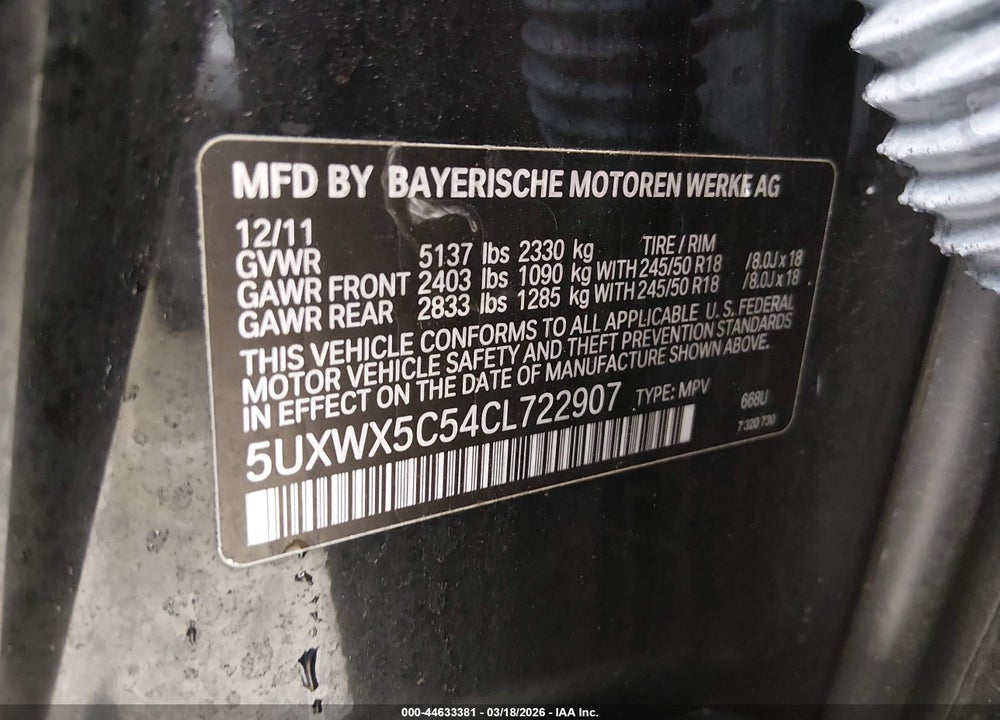 2012 BMW X3 XDRIVE28I VIN: 5UXWX5C54CL722907