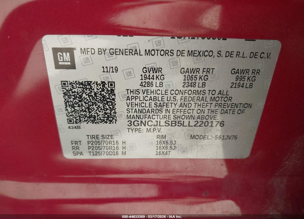 2020 CHEVROLET TRAX FWD LT VIN: 3GNCJLSB5LL220176