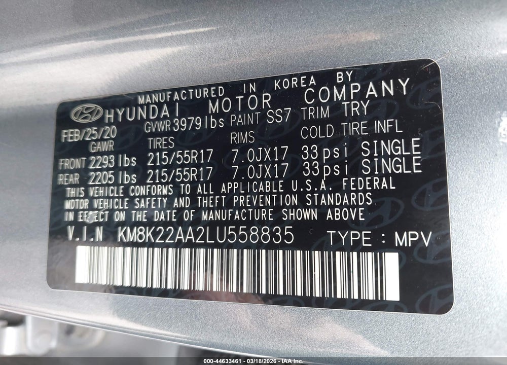 2020 HYUNDAI KONA SEL VIN: KM8K22AA2LU558835