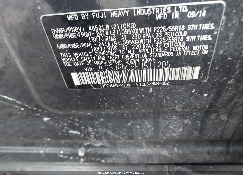 2015 SUBARU FORESTER 2.0XT TOURING VIN: JF2SJGUC9FH511205