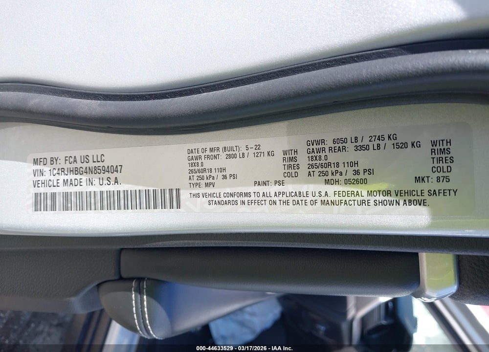2022 JEEP GRAND CHEROKEE LIMITED 4X4 VIN: 1C4RJHBG4N8594047