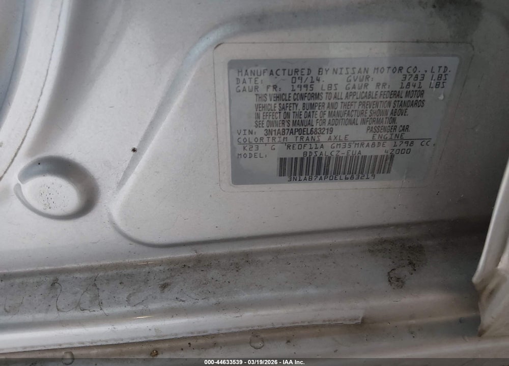 2014 NISSAN SENTRA S VIN: 3N1AB7AP0EL683219