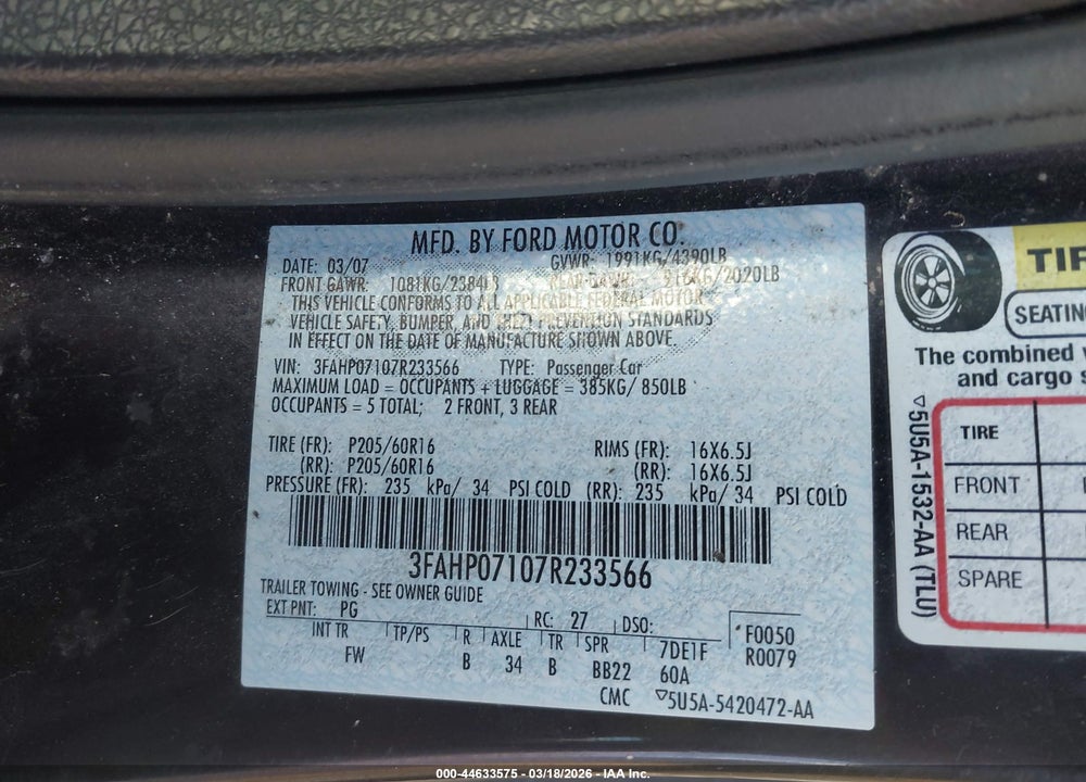 2007 FORD FUSION SE VIN: 3FAHP07107R233566