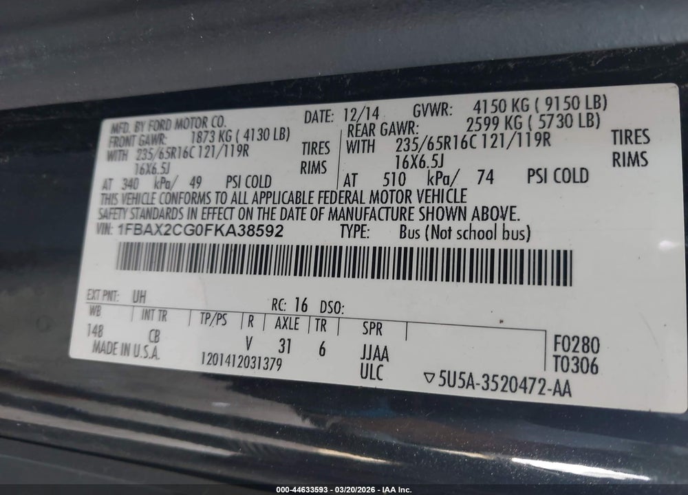 2015 FORD TRANSIT-350 XLT VIN: 1FBAX2CG0FKA38592