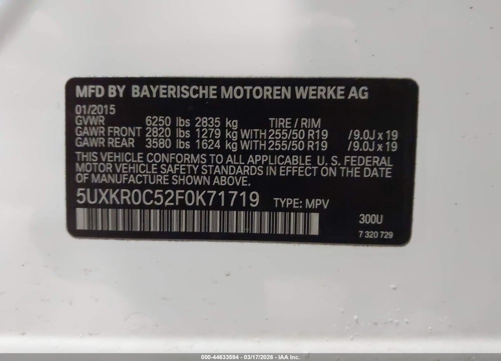 2015 BMW X5 XDRIVE35I VIN: 5UXKR0C52F0K71719