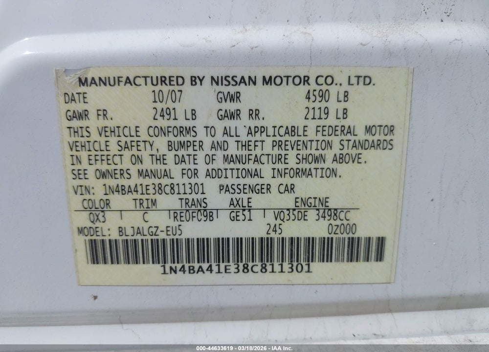 2008 NISSAN MAXIMA 3.5 SL VIN: 1N4BA41E38C811301