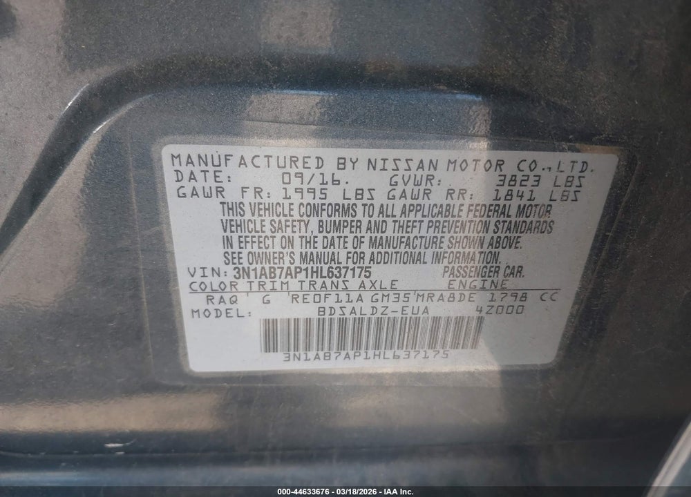 2017 NISSAN SENTRA S/SL/SR/SV VIN: 3N1AB7AP1HL637175
