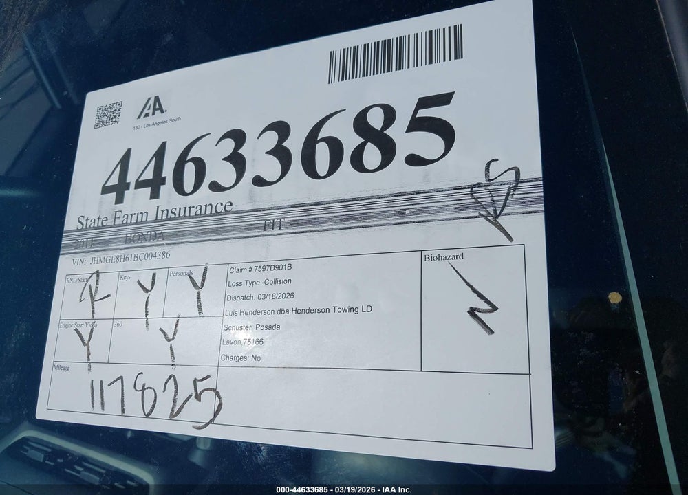 2011 HONDA FIT SPORT VIN: JHMGE8H61BC004386
