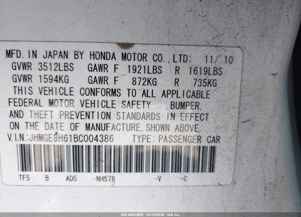 2011 HONDA FIT SPORT VIN: JHMGE8H61BC004386