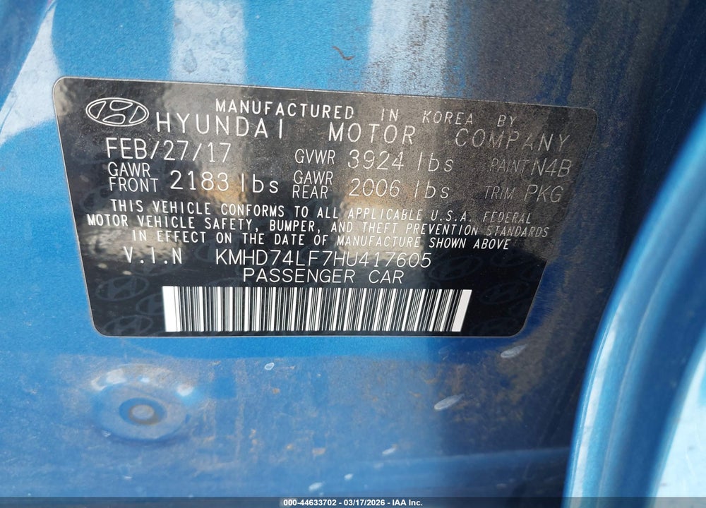 2017 HYUNDAI ELANTRA SE VIN: KMHD74LF7HU417605