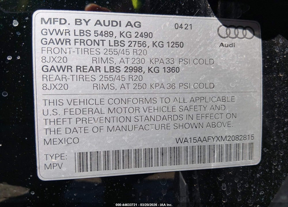 2021 AUDI Q5 SPORTBACK PREMIUM PLUS 45 TFSI QUATTRO S TRONIC VIN: WA15AAFYXM2082815
