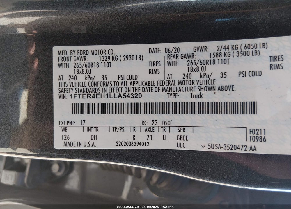 2020 FORD RANGER LARIAT VIN: 1FTER4EH1LLA54329