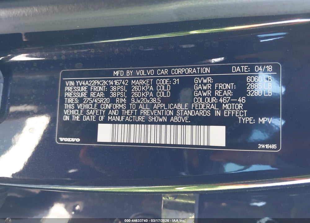 2019 VOLVO XC90 T6 MOMENTUM VIN: YV4A22PK2K1416742