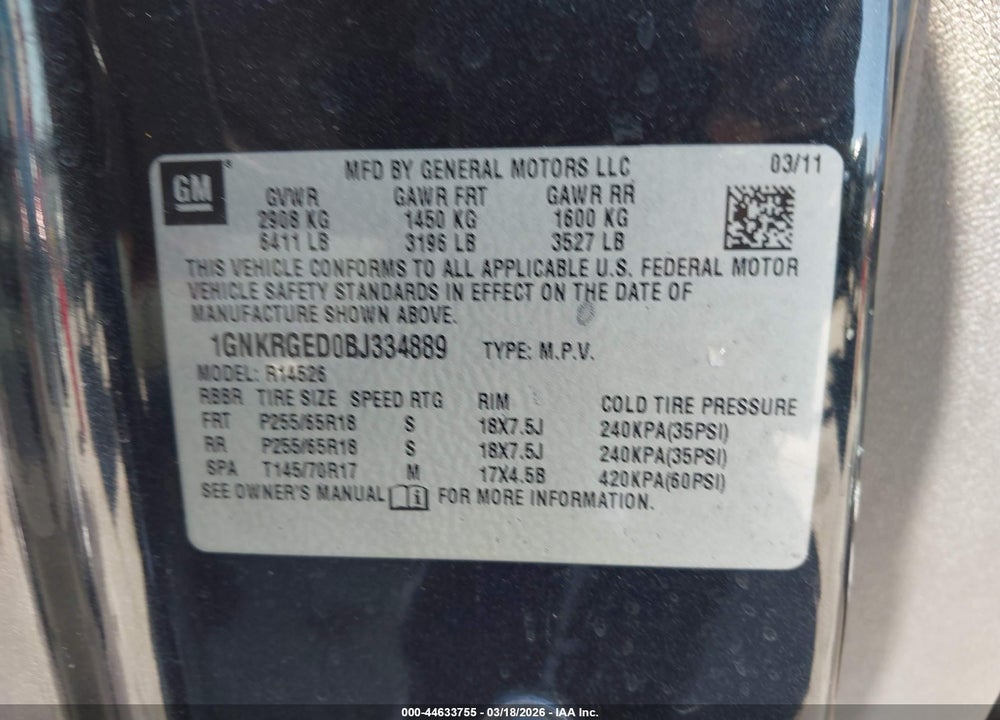 2011 CHEVROLET TRAVERSE 1LT VIN: 1GNKRGED0BJ334889