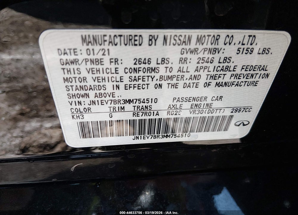 2021 INFINITI Q50 LUXE AWD VIN: JN1EV7BR3MM754510