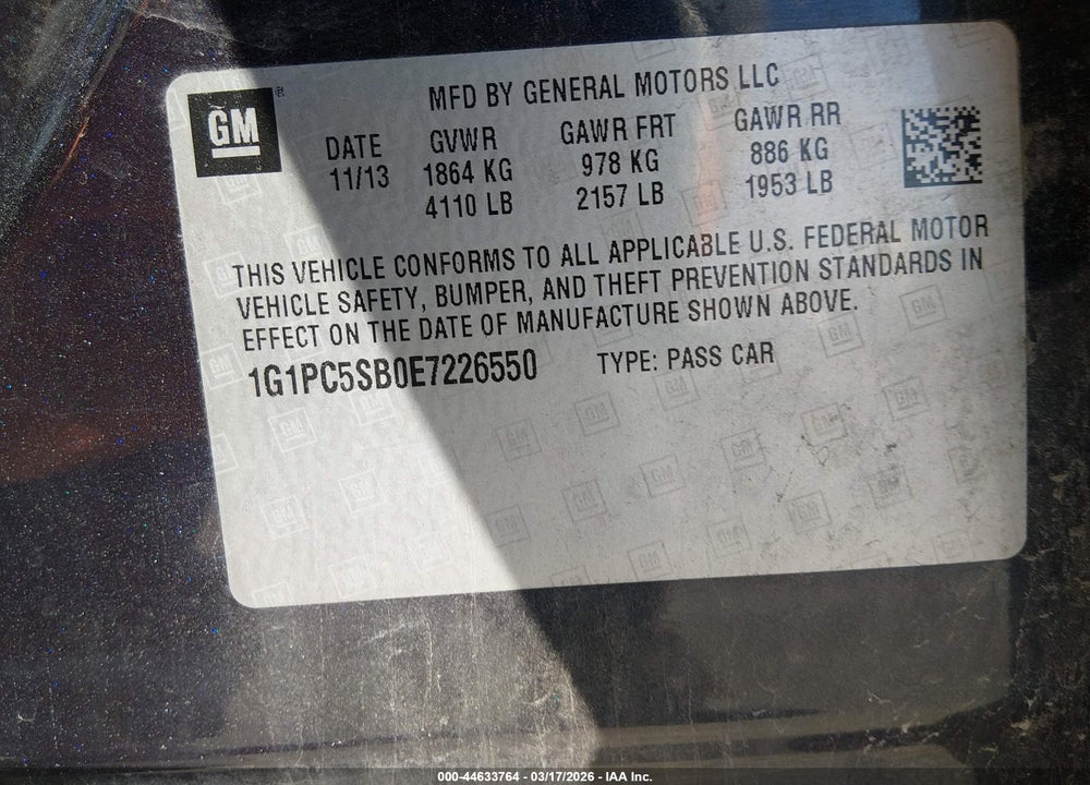2014 CHEVROLET CRUZE 1LT AUTO VIN: 1G1PC5SB0E7226550