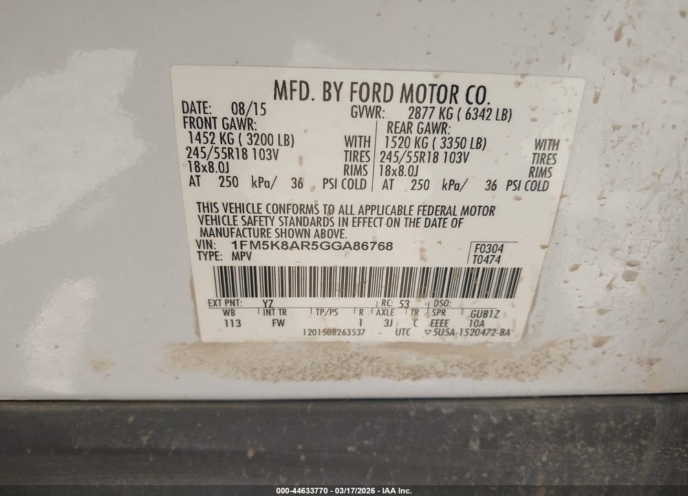 2016 FORD UTILITY POLICE INTERCEPTOR VIN: 1FM5K8AR5GGA86768