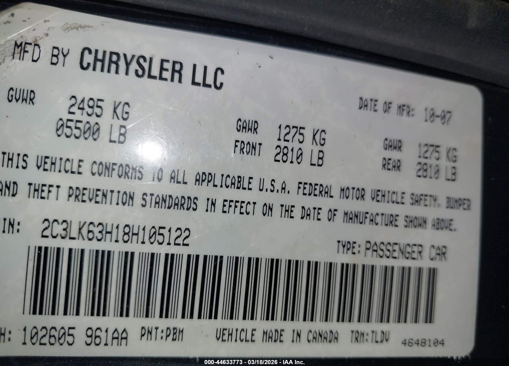 2008 CHRYSLER 300C VIN: 2C3LK63H18H105122
