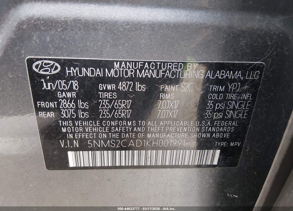 2019 HYUNDAI SANTA FE SE VIN: 5NMS2CAD1KH001991