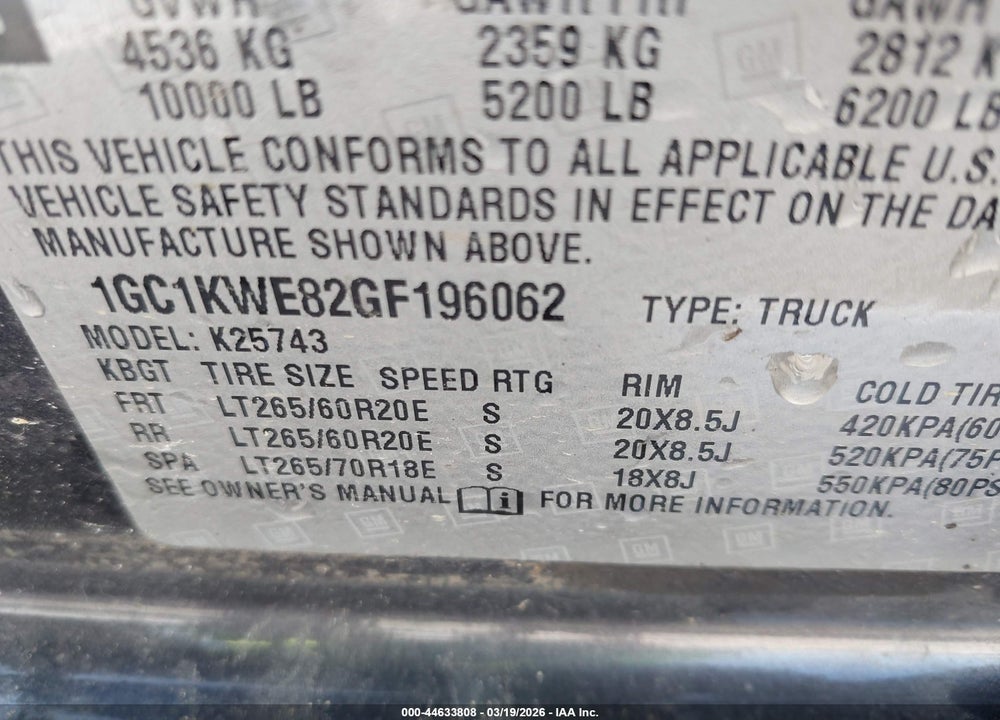 2016 CHEVROLET SILVERADO 2500HD LTZ VIN: 1GC1KWE82GF196062