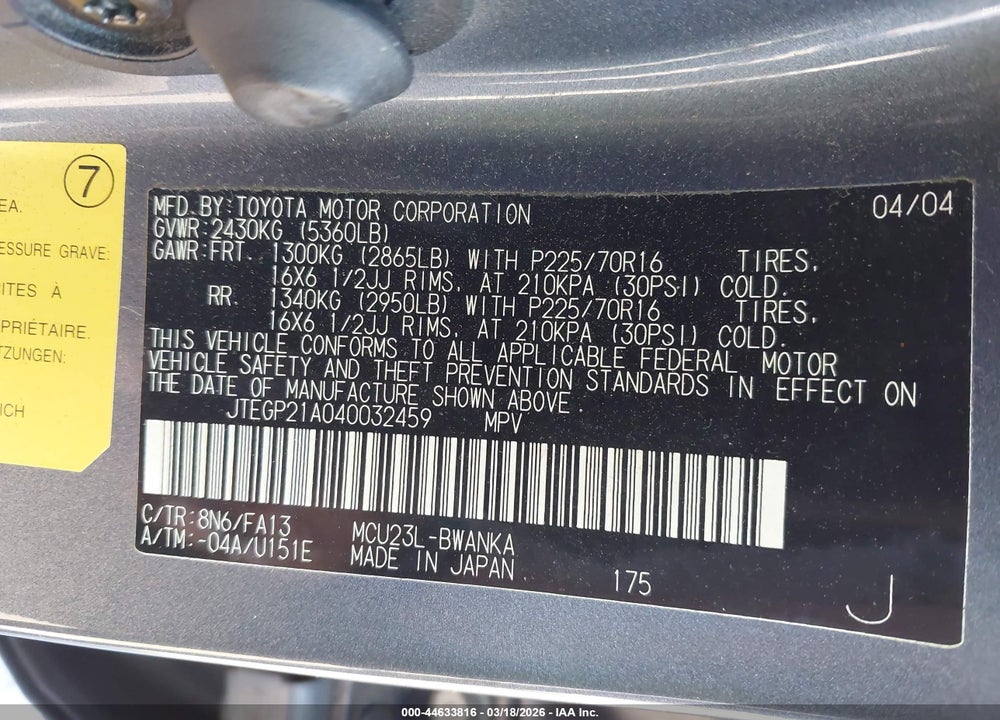 2004 TOYOTA HIGHLANDER V6 VIN: JTEGP21A040032459