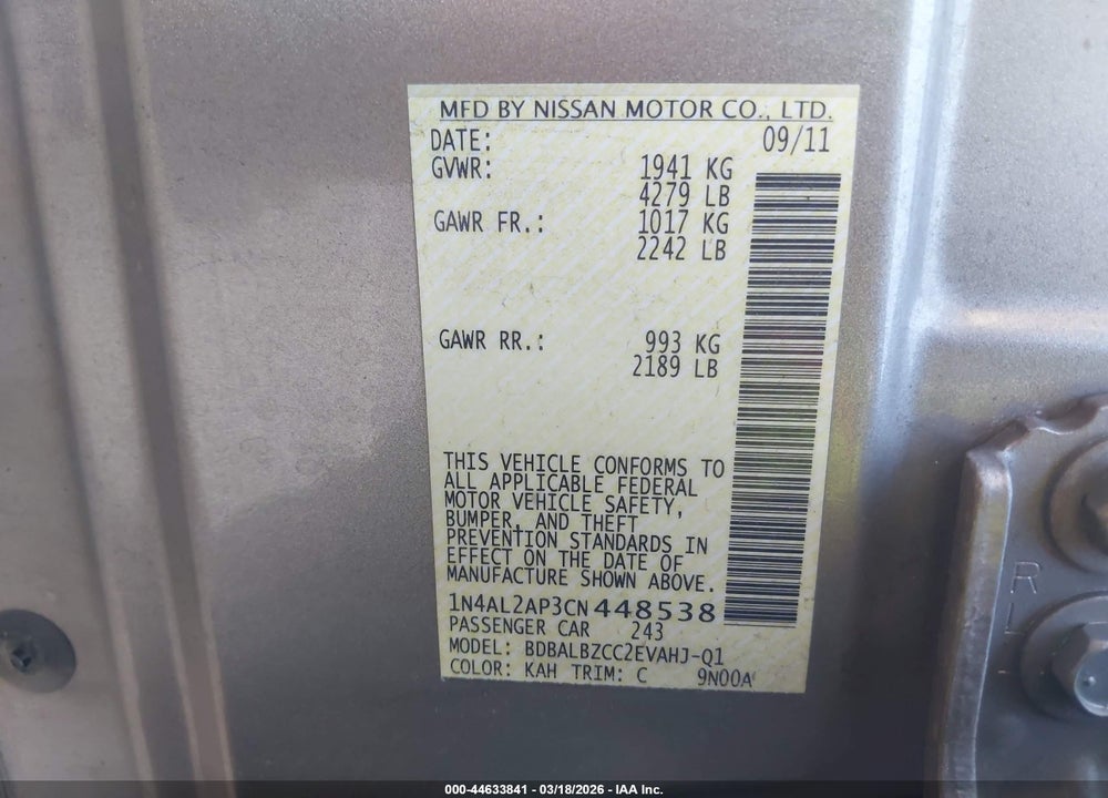 2012 NISSAN ALTIMA 2.5 S VIN: 1N4AL2AP3CN448538