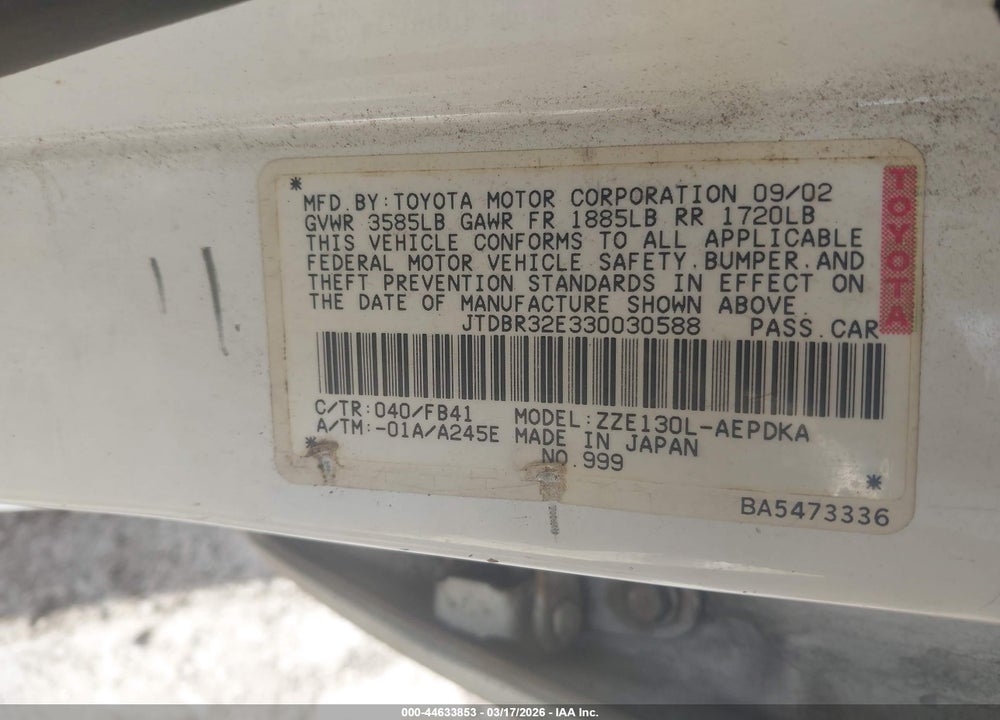 2003 TOYOTA COROLLA CE VIN: JTDBR32E330030588