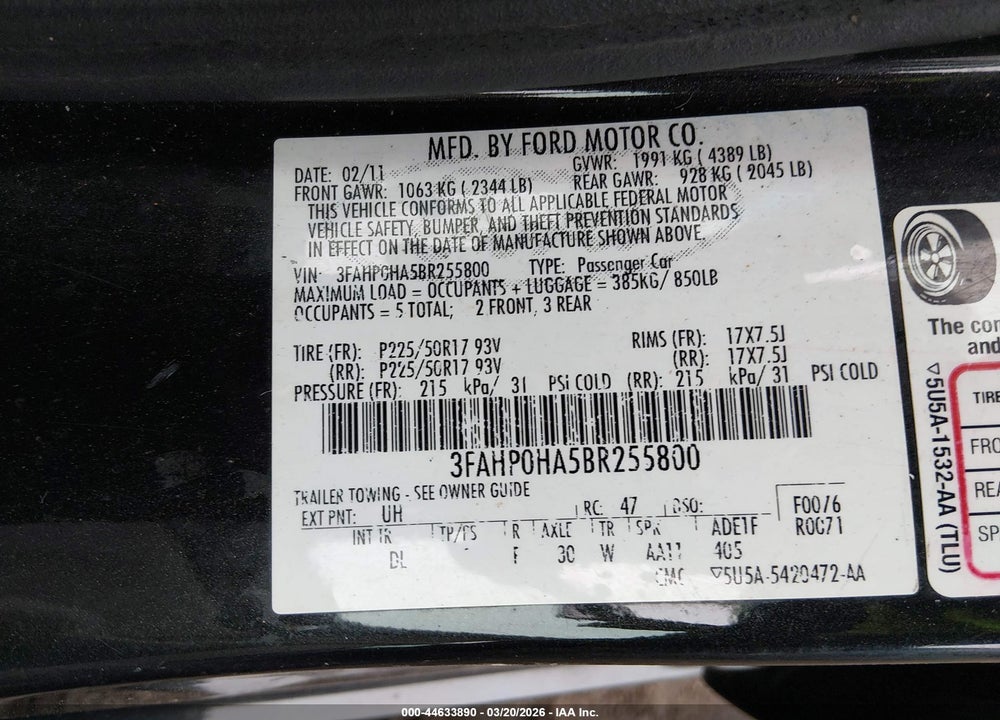 2011 FORD FUSION SE VIN: 3FAHP0HA5BR255800