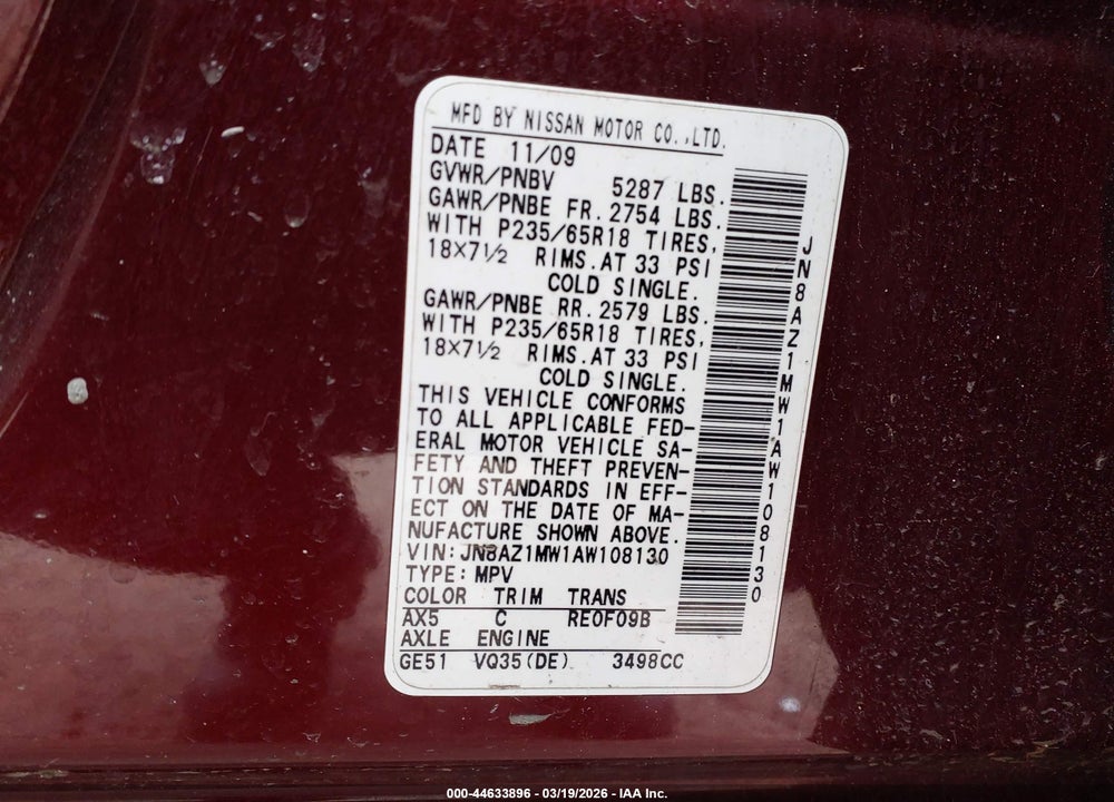 2010 NISSAN MURANO SL VIN: JN8AZ1MW1AW108130