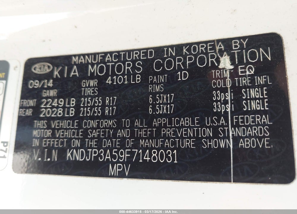 2015 KIA SOUL + VIN: KNDJP3A59F7148031