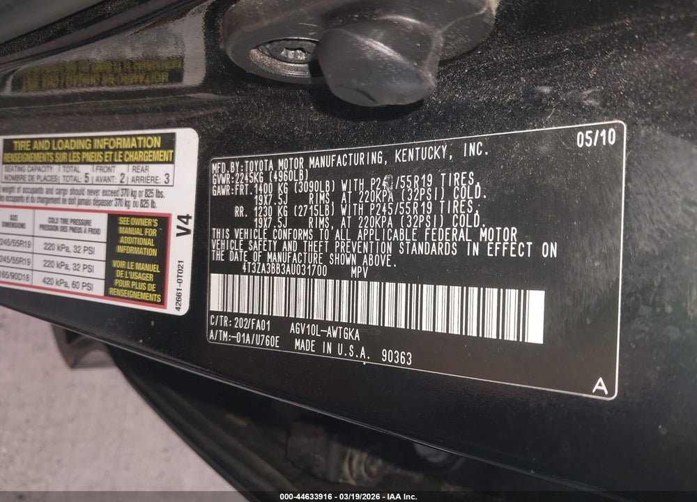 2010 TOYOTA VENZA VIN: 4T3ZA3BB3AU031700
