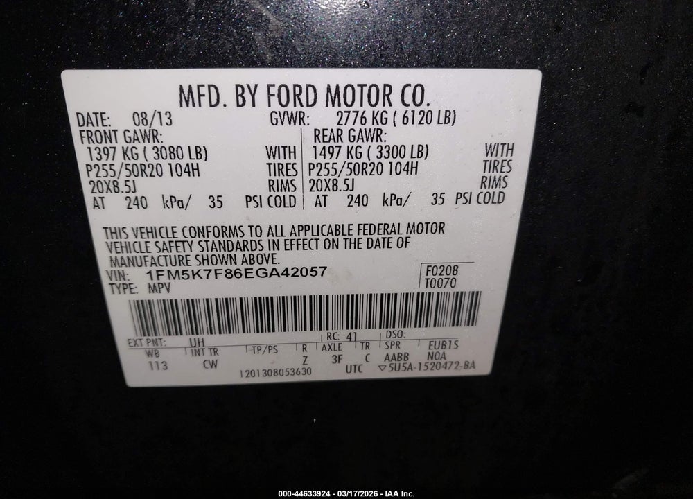 2014 FORD EXPLORER LIMITED VIN: 1FM5K7F86EGA42057