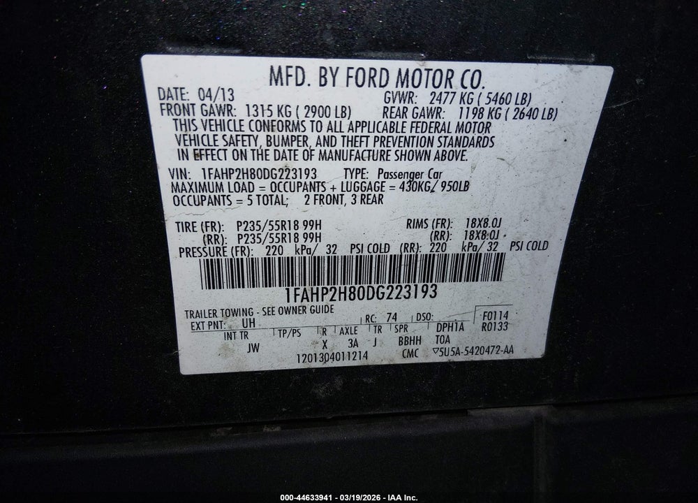 2013 FORD TAURUS SEL VIN: 1FAHP2H80DG223193