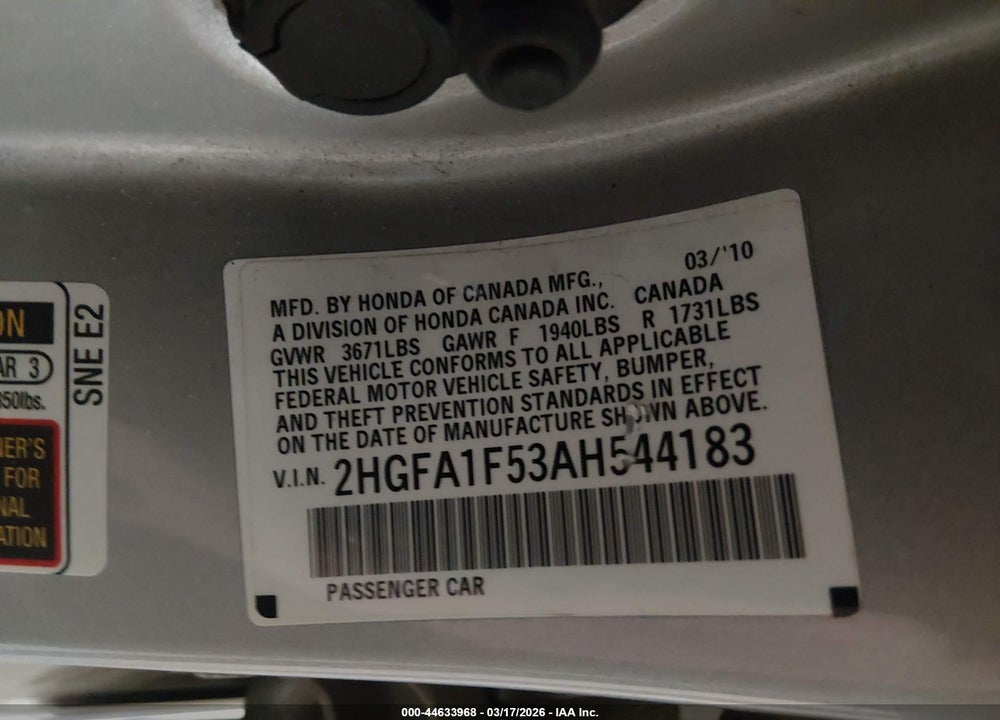 2010 HONDA CIVIC LX VIN: 2HGFA1F53AH544183