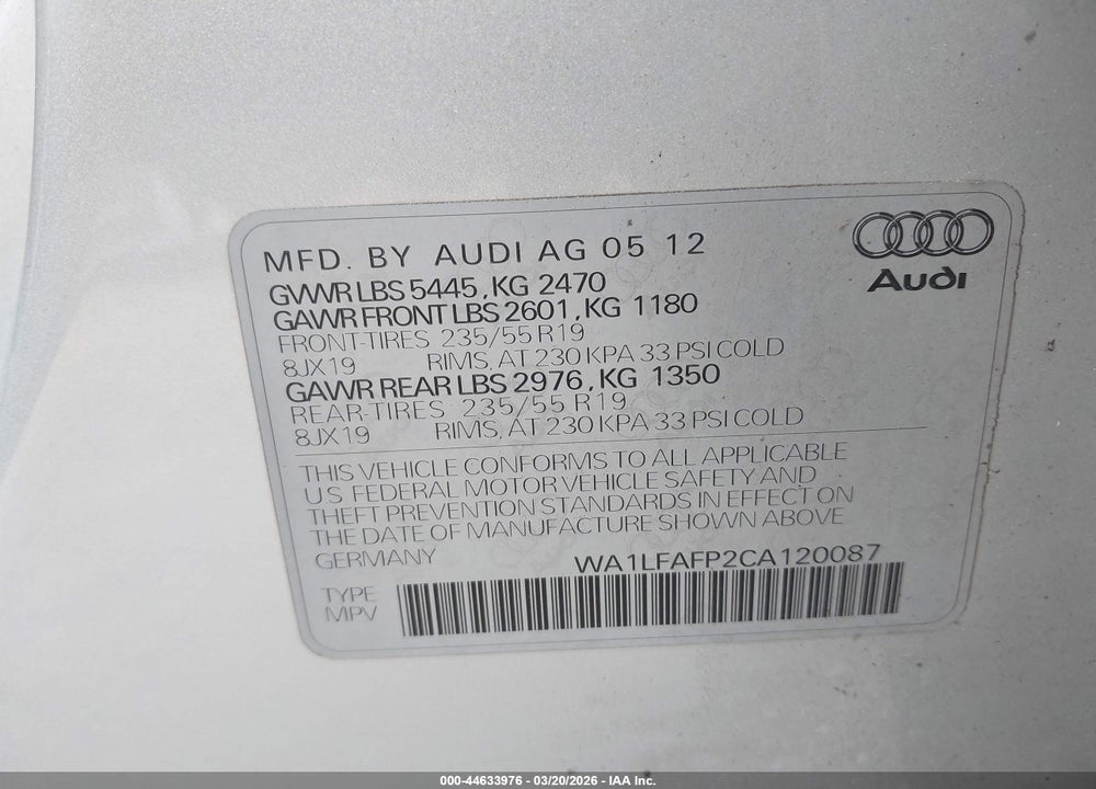2012 AUDI Q5 2.0T PREMIUM VIN: WA1LFAFP2CA120087