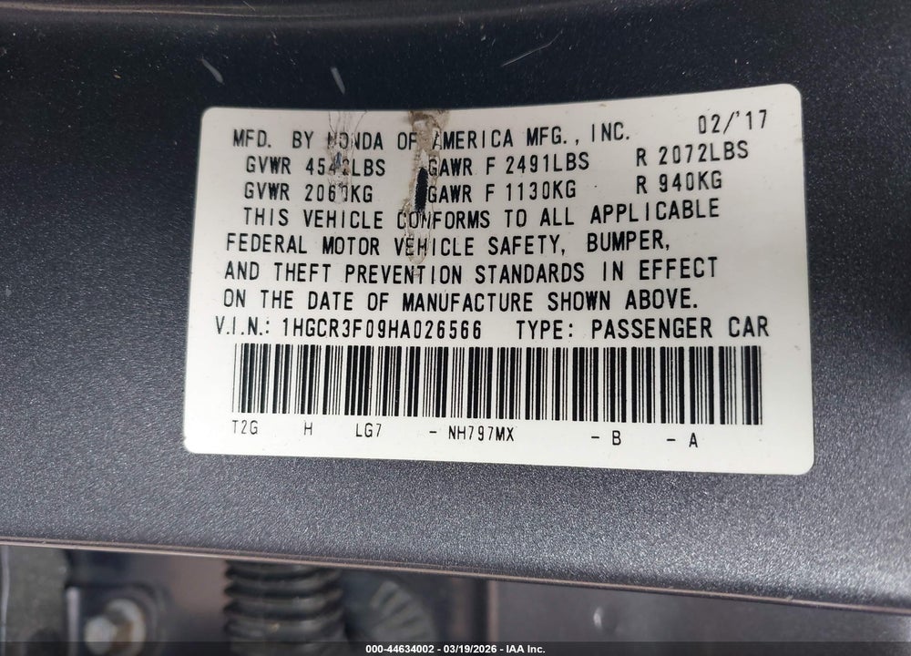 2017 HONDA ACCORD EX-L V6 VIN: 1HGCR3F09HA026566
